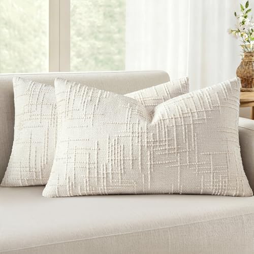 MIULEE Chenille Textured Lumbar Throw Pillow Covers Cream White 12x20 by MIULEE