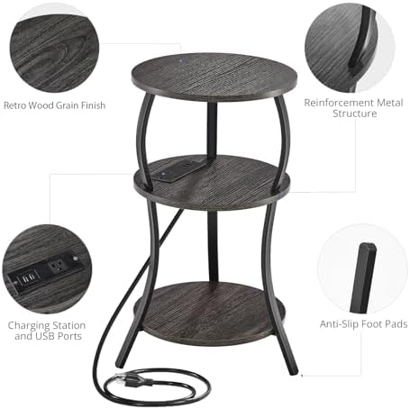 YEAKOO Small Side Table with Charging Station,3-Tier Round end Table - Image 6