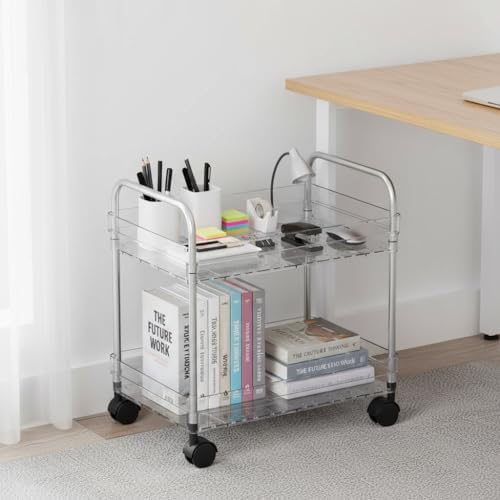 2 Tier Utility Rolling Cart with Wheels Multifunctional Storage Cart Under Desk Storage Organizer with Handle and Hooks for Home Kitchen Office Bathroom Organization Transparent by Betoveren