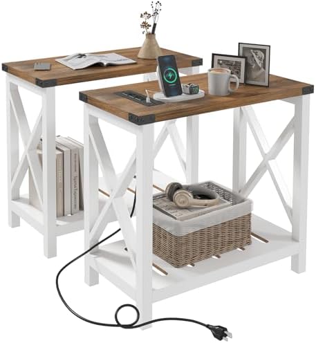 Hadulcet Farmhouse End Tables Living Room Set of 2, Narrow Side Table with Charging Station, Slim Nightstand for Small Space, Skinny Bedside Table, Sofa Side Table with Storage Shelf, White & Brown by Hadulcet
