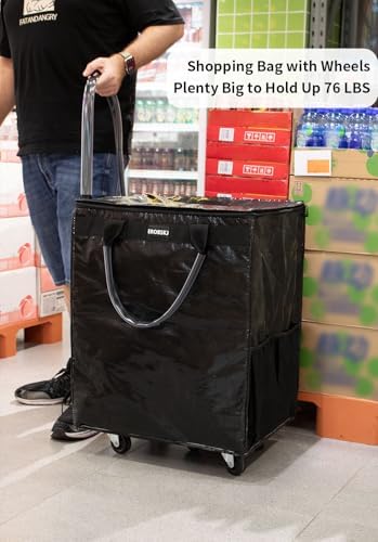(Medium,Black) Reusable Grocery Bag on Wheels, Foldable Rolling Tote Bag - Image 6