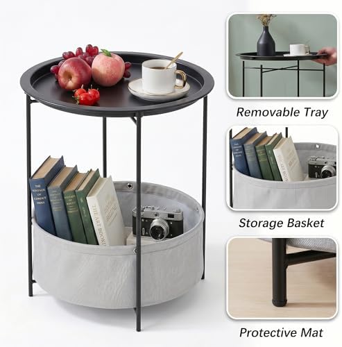 VECELO Round Side/End Table with Fabric Storage Basket，Metal Anti-Rust and Waterproof Small Bedside Nightstand with Removable Tray Top for Living Room，Balcony & Laundry，Black /2pcs with Basket - Image 5