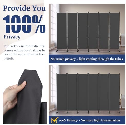 Kokorona 6 Panel Room Divider, 6FT Tall Rolling Privacy Screen with Lockable Wheels, Folding Wall Dividers Portable Room Divider for Room Separation, Included - Cover Strips, Grey, 119''W x 70''H - Image 3