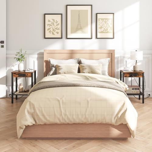 HOOBRO Side Table with Charging Station, Set of 2 End Table with USB Ports and Outlet, Nightstand with 2-Tier Storage Shelf, Faux Rattan Decoration, for Small Space, Rustic Brown and Black BF91UBZP201 - Image 4