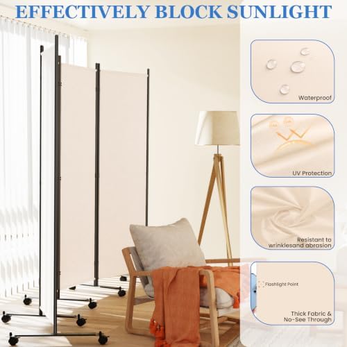 SUNALLY Room Divider Privacy Screens, 8 Panels Dividers with Wheels, Beige - Image 3