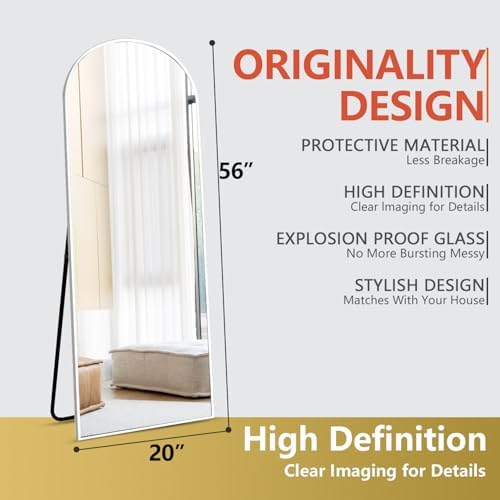 Rowjut Floor Mirror Arched Mirror Full Length 56"X20"Full Length Mirror can be Free Standing or Hanging on the wall Used in Living Room Entrance Hall Corridor Room Bathroom etc（White - Image 2