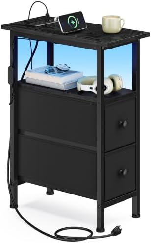 SONGMICS Side Table with LED Light, Narrow End Table with 2 Fabric Drawers by SONGMICSbySONGMICSHOME