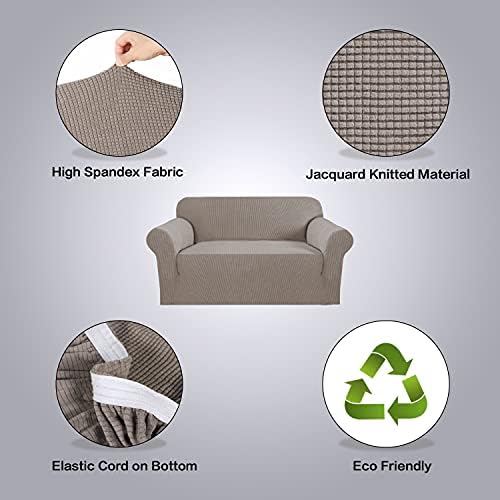 H.VERSAILTEX Stretch Couch Cover Sofa Covers for 2 Cushion Couch 1 Piece Love Seat Covers Washable with Elastic Bottom, Textured Checked Jacquard Fabric (Loveseat 58"-70" Wide, Taupe) - Image 4