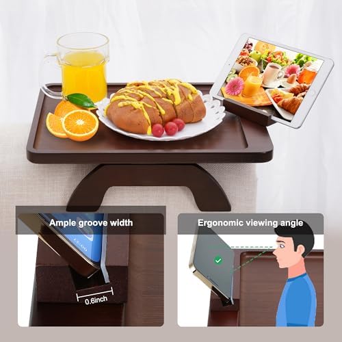 SINWANT Couch Arm Tray Table, Large Space 15.75"x 11.8" Bamboo Couch Armrest Table with 360° Rotating Phone Holder,Foldable Sofa Armrest Tray for Eating Snacks Drinks Remote Books - Image 2