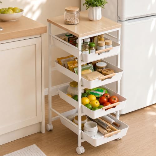 Pipishell Rolling Storage Cart with Drawers & Lockable Wheels, White by Pipishell