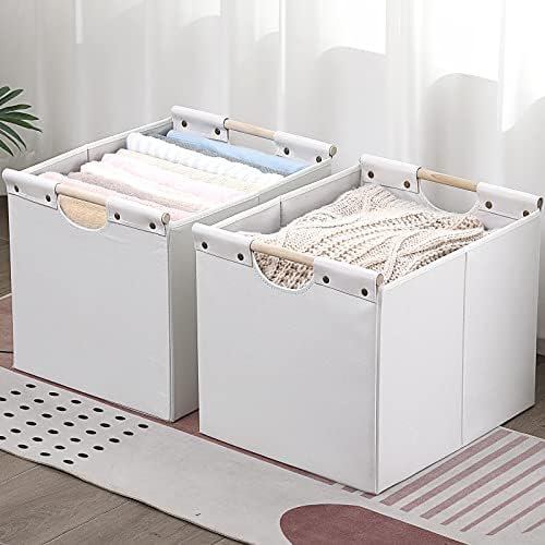 HOONEX Large Collapsible Storage Bins, Linen Fabric, Pack of 2, Storage Baskets with Wooden Carry Handles and Sturdy Heavy Cardboard, for Home, Office, Car, Nursery, White - Image 3