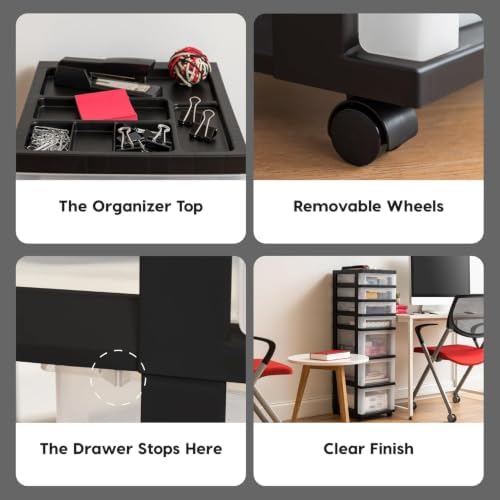 IRIS USA Plastic Drawer Storage Organizer Rolling Cart, with Wheels Casters, 7-Drawers, for Classroom Art Craft Supplies Dresser Closet Bathroom Laundry Room, Black/Clear - Image 5