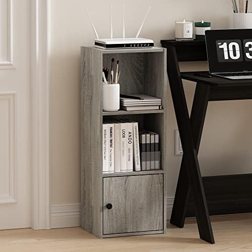 Furinno LUDER Book Shelf, 3-Tier Modern Bookshelf, Bookcase with 1 Door Storage Cabinet, 9.3 x 12 x 31.5, for Organization and Storage, for Living Room, Bedroom, Home Office, French Oak - Image 2