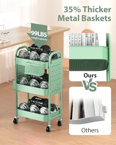 ALVOROG 3 Tier Metal Rolling Utility Cart with Pegboards,Baskets,Hook,Green - Image 3