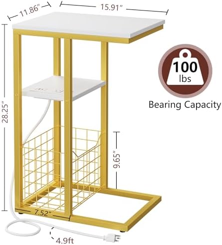 Vagusicc C Shaped End Table with Charging Station, Side Table for Couch, Small Side End Table for Small Spaces, 28" High Slide Under Sofa Table for Coffee, Tv Tray Table for Living Room, Golden - Image 3