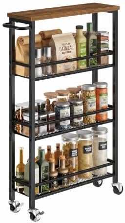 Pipishell Slim Storage Cart with Wheels - 4 Tier Rolling Kitchen Storage Cart with Handle and Wood Top, Metal Slim Bathroom Cart for Laundry Room, Bathroom, Kitchen, Narrow Space, Black & Rustic Brown by Pipishell
