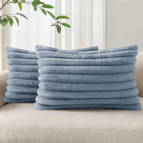Pallene Faux Fur Decorative Throw Pillow Covers 12x20 Set of 2, Blue Grey by PALLENE