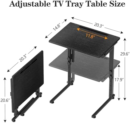 Adjustable Height Tv Tray Table,Portable Folding Tv Tray Dinner Snack Trays Table,Small Foldable C-Shaped End Table for Eating,Slide Under Couch Side with Sturdy MDF Top,No Assembly(Black+Black) - Image 2