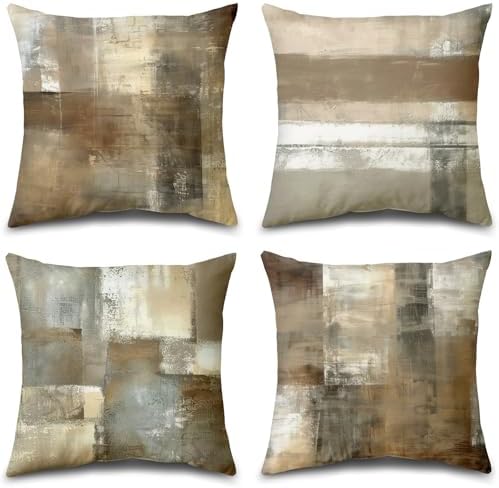 Set of 4 Abstract Throw Pillow Covers 18x18 Brown Tan Gray by Balaena
