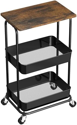 Simple Houseware 2-Tier Utility Cart Wood Top/Lockable Wheel, Rustic Brown by SimpleHouseware