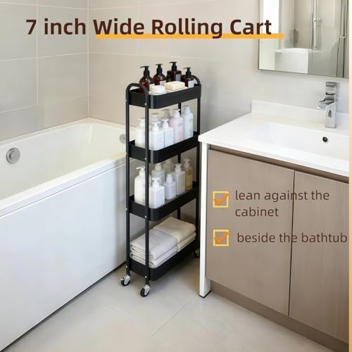 4 Tier Slim Storage Cart with Wheels for Laundry Room Between Washer and Dryer, 7.1'' Narrow Rolling Cart with Wheels and Lockable Casters, Metal Thin Standing Shelf for Small Space, Black - Image 6
