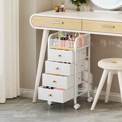SWTYMIKI Rolling Makeup Organizer Cart - Under Desk Vanity Makeup Storage with 4 Non-woven Drawers, Nail Cart Organizer Cosmetic Display Cases Cabinet for Skin Care Perfume Nail Polish Brush Hair Tool - Image 4