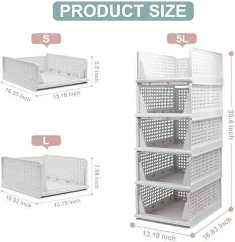 Goderewild 5 Pack Stackable Foldable Storage Baskets - Folding Storage Bins, Multifunctional Closet Organizers for Wardrobe, Cupboard - Space-Saving Clothes Storage Hat Organizer (White, 5L) - Image 2