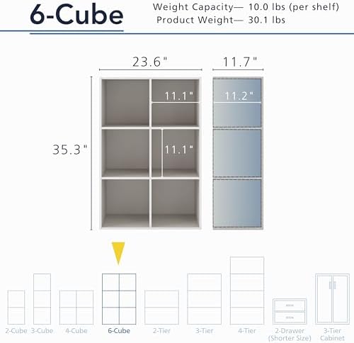 Homes: Inside + Out Apexa 6-Cube Storage Organizer Shelves, Stackable Wood Bookcase Fits Cubby Bins for Organization, Dorm Teen Room Decor & Home Office, Taupe Grey - Image 3