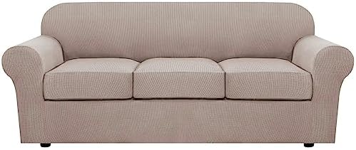 H.VERSAILTEX 4 Piece Stretch Sofa Covers for 3 Cushion Couch Covers for Living Room Slipcovers (Base Cover Plus 3 Seat Cushion Covers) Upgraded Thicker Jacquard Fabric (Sofa, Sand) by HVERSAILTEX