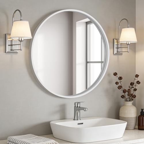WallBeyond Round Wood Mirror 28 inch Circle Wall Mirror for Bathroom Round Wall Mirror for Wall Decor, Vanity, Entryway Living Room (White) - Image 2