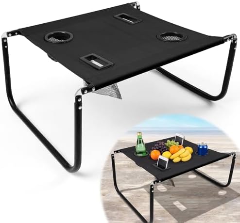 Portable Beach Table Foldable Pockets, Black, Solid Pattern by Unknown