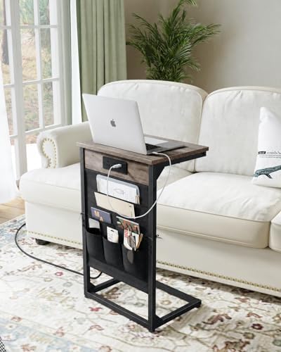 C-Shaped End Table with Fast-Charging Station, Small Couch Side Table with Storage Bag, Sofa TV Tray Table for Living Room, Bedroom, Bedside ET-GY-W1 by Unknown