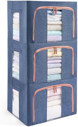 GuliPostan 3 Pack 24L Stackable Clothes Storage Bins with Metal Frame Handles & Zipper, Collapsible Closet Organizer Box with Lid for Bedding Blankets Towel (Navy) by Unknown