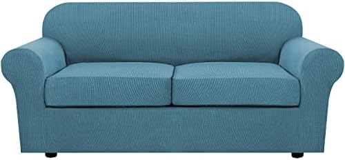 H.VERSAILTEX 3 Piece Stretch Sofa Covers for 2 Cushion Sofa Couch Covers for Living Room Furniture Cover (Base Cover Plus 2 Seat Cushion Covers) Thicker Jacquard Fabric(Large Sofa, Storm Blue) by HVERSAILTEX