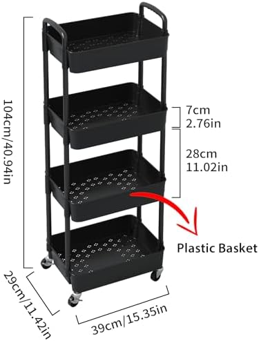 Sywhitta 4-Tier Plastic Rolling Utility Cart with Wheels for Storage, Black - Image 2