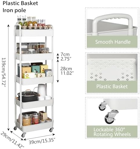 Sywhitta 5-Tier Plastic Rolling Utility Cart with Wheels for Storage,White - Image 3
