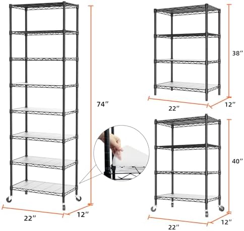SINGAYE 8 Shelves Storage Wire Shelf Closet Metal Shelving Pantry Wheels - Image 3