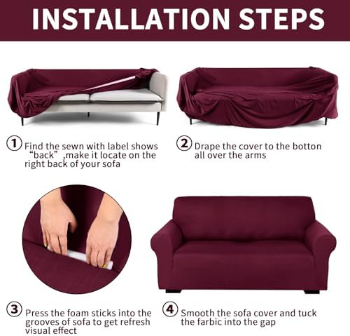 Peryiter 3 Pcs Couch and Loveseat Sofa Covers,Burgundy,Milk Silk - Image 3