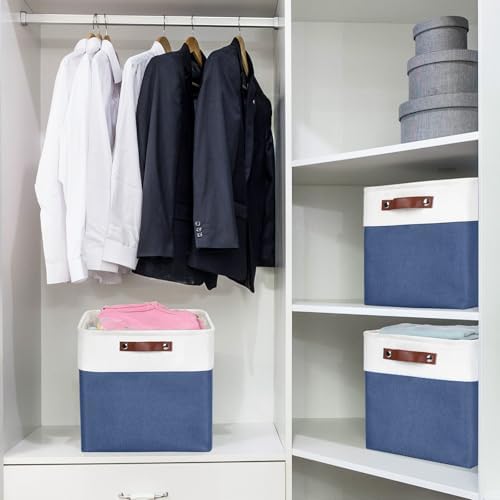 Bagnizer 13x13 Cube Storage Bins, Collapsible Fabric Storage Box, 4 Pack Closet Baskets with Handles for Organizing, Shelf, Toys, Clothes, Home, Office, Nursery (NavyBlue&White) - Image 2