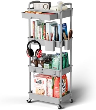 Sorgion 4 Tier Rolling Cart Organizer,Art Craft Diaper Bedside Snack Laundry Room Bathroom Organizer Narrow Thin Slim Rolling Trolley Utility Cart with Wheels for Kitchen,Office(Grey) by Sorgion