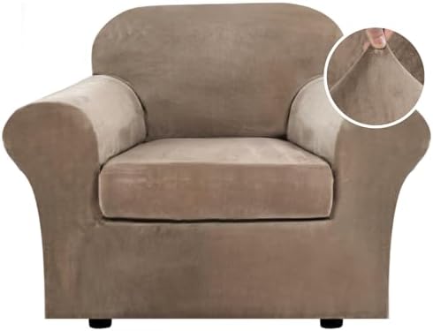 H.VERSAILTEX Rich Velvet Stretch 2 Piece Cover Chair Slipcover Sofa Cover Furniture Protector Couch Soft with Elastic Bottom Chair Couch Cover with Arms Width Up to 49 Inch(Chair,Camel) by HVERSAILTEX