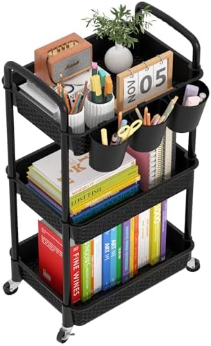 MOYIPIN 3-Tier Plastic Rolling Utility Cart with Handle,Utility Storage Cart for Office, Living Room, Kitchen,Movable Storage Organizer Shelves,Black with 3 Hanging Cups by MOYIPIN