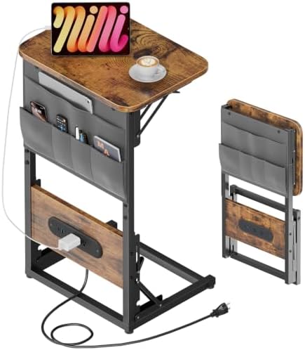 HLDIRECT C Shaped End Table with Charging Station & Storage Bag Brown by HLDIRECT