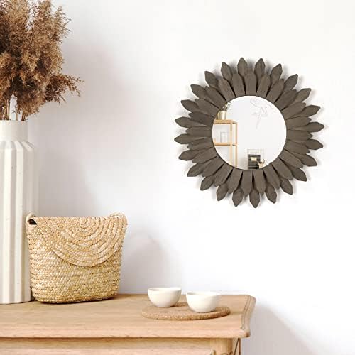 Honiway Farmhouse Wall Decor Mirror 12 inch Sunburst Boho Wood Mirror Rustic Home Decor Room Decoration for Bedroom Living Room Weathered Grey - Image 4