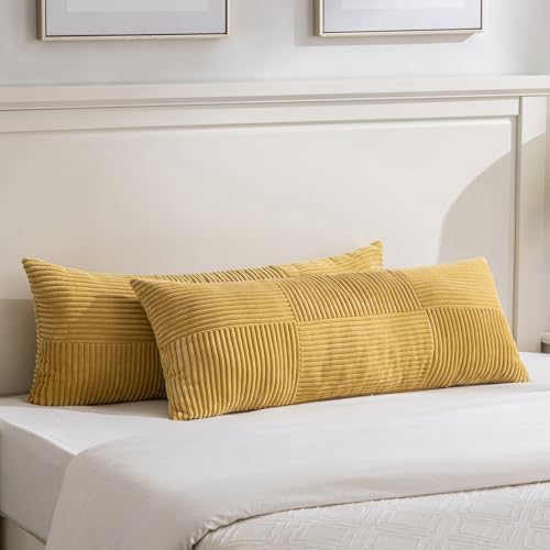 Fancy Homi Set of 2 Mustard Yellow Boho Long Lumbar Body Decorative Throw Pillow Cover 14x36 Inch for Bed Couch Bedroom Bench, Soft Patchwork Corduroy Pillow Case, Rustic Farmhouse Room Décor by Fancy+Homi