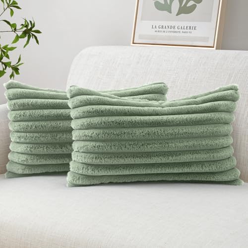 MIULEE Faux Fur Lumbar Throw Pillow Covers 12x20 Set of 2 Sage Green by MIULEE