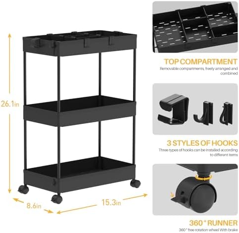 SPACELEAD 3 Tier Rolling Cart with Wheels, Storage Craft Art Trolley Organizer Serving, 3 Hanging Baskets Easy Assembly, for Office, Bathroom，Living Room, Kitchen, Black - Image 2