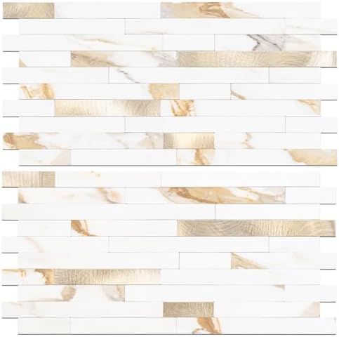 STICKGOO 2 Sheets Peel and Stick Backsplash Tile, Stick on Backsplash for Kitchen and Bathroom, Calacatta Gold Marble Look PVC Mixed Gold Self Adhesive Wall Tiles by STICKGOO