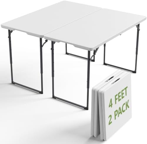 4FT Folding Table 2 Pack,Adjustable Height Heavy Duty Plastic Folding Tables with Carry Handles,Fold-in-Half Portable Tables with Steel Legs for Party, Wedding,Camping, Picnic,Indoor Outdoor,White by FoldingFurniture