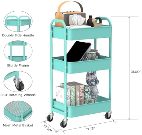 MAX Houser 3-Tier Rolling Utility Cart with Caster Wheels,Easy Assembly, for Kitchen, Bathroom (Turquoise) - Image 2
